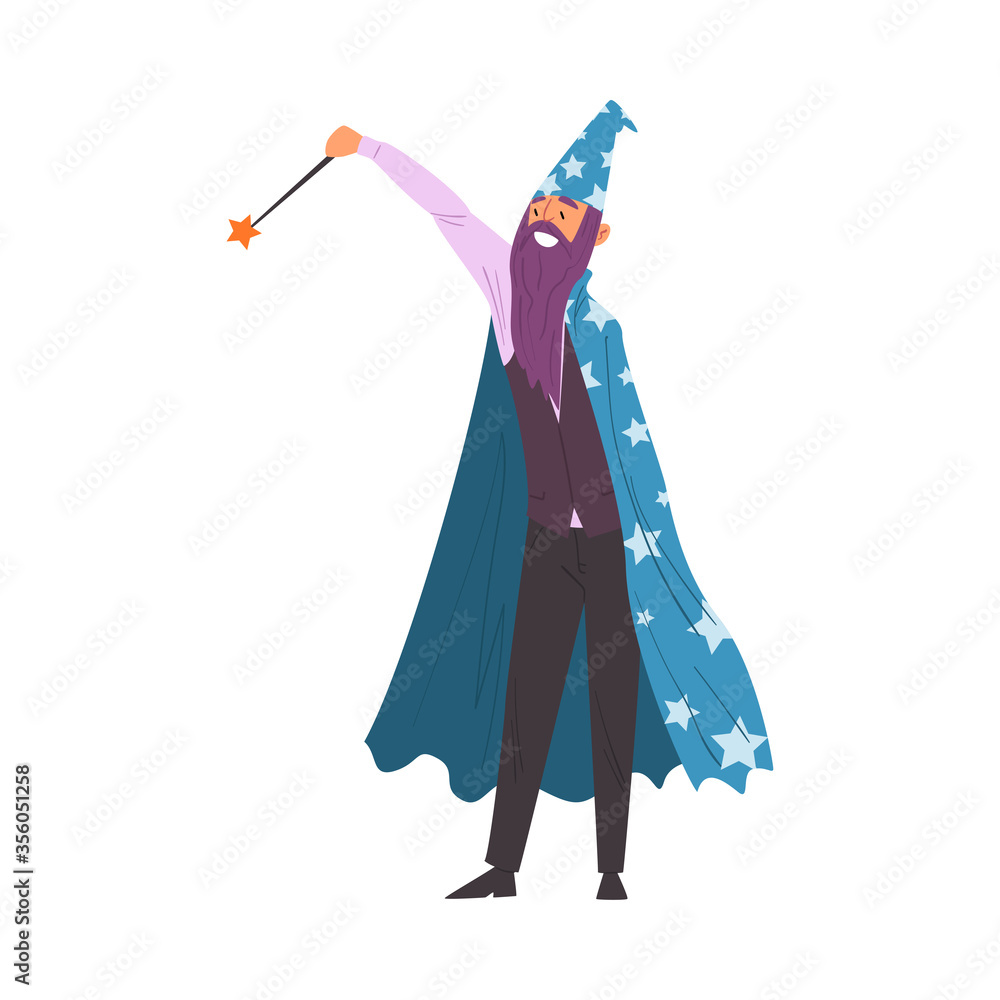 Magician Doing Tricks with Magic Wand, Smiling Bearded Wizard Character Wearing Cape with Stars and Cone Hat Performing at Magic Show Cartoon Style Vector Illustration