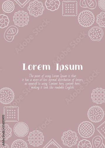Cookie - vertical card with text and vector outline illustrations of sweet dessert for graphic design