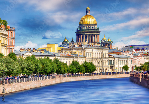 Saint Petersburg, Isaac's Cathedral,  waterfront canal and houses - Russia