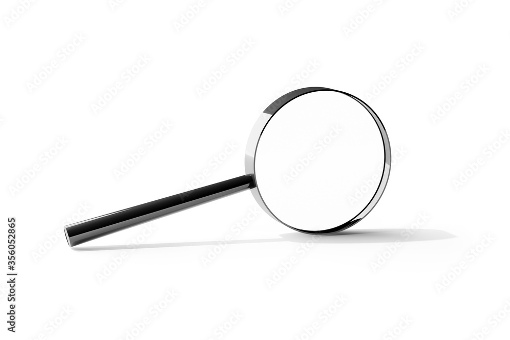 Magnifying glass with shadow standing on white background - minimal information search, find or exploration concept Magnifying glass with shadow standing on white background - minimal information search, find or exploration concept