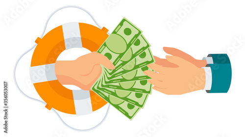 Donate money. Rich man hands money to poor, needy.