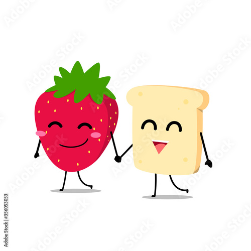 Bread and strawberry character walking side by side