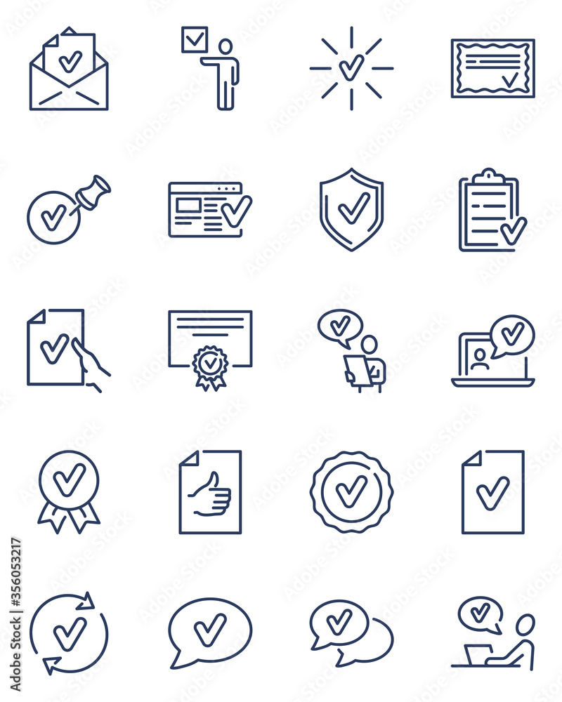 Check marks thin line icons set. Approval checkmarks and stamps for agreements, certificates and legal documents isolated vector illustration collection. Good quality and business concept Check marks thin line icons set. Approval checkmarks and stamps for agreements, certificates and legal documents isolated vector illustration collection. Good quality and business concept