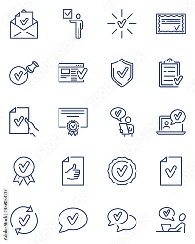 Check marks thin line icons set. Approval checkmarks and stamps for agreements, certificates and legal documents isolated vector illustration collection. Good quality and business concept