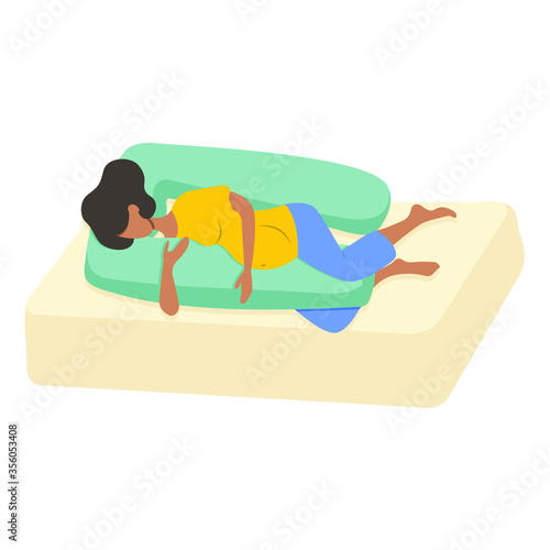 A pregnant woman lies on a special pillow for pregnant women. Vector illustration, flat cartoon design, eps 10.