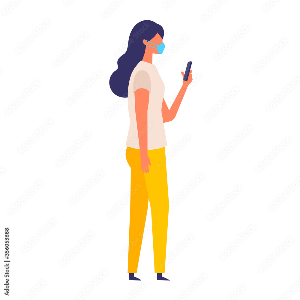 Vector illustration of the woman texting while walking with a surgical mask. Vector illustration of the woman texting while walking with a surgical mask.