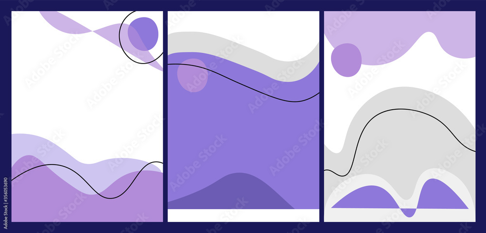 Minimalistic cover design for brochures, stories, applications. Vector flat set of cover designs in trendy blue and violet colors. Set of abstract backgrounds with place for text.