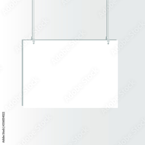 The sign is empty, white, with a shadow, suspended on cords. Vector illustration, eps 10.