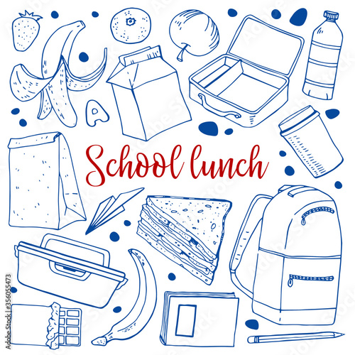 School lunch objects set. Food containers, snacks, fruits, sandwich, drinks, backpack. Hand drawn vector sketch illustration