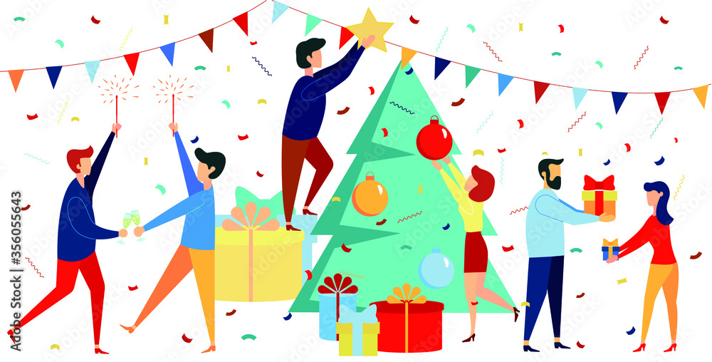 Christmas at the office. Men and women celebrate, decorate the Christmas tree, give gifts, drink champagne, have fun, dance, chat, congratulate each other. Workplace party, new year.