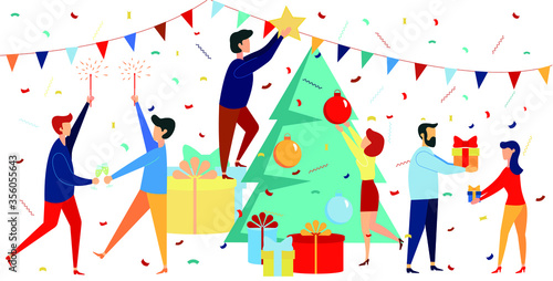 Christmas at the office. Men and women celebrate  decorate the Christmas tree  give gifts  drink champagne  have fun  dance  chat  congratulate each other. Workplace party  new year.