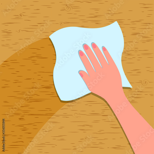 Hand washes a wooden surface from dust. Vector illustration, flat cartoon design, eps 10.