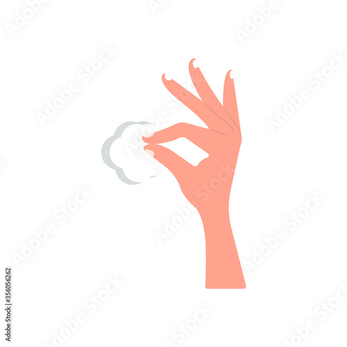The hand holds a cotton swab, cotton. Vector illustration, flat cartoon design, eps 10.