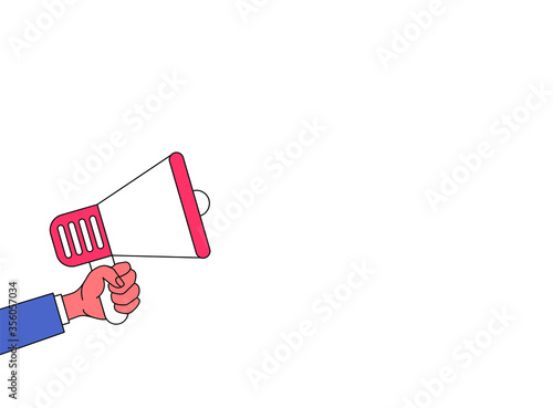 Hand holds a megaphone on a white background. Vector illustration, flat cartoon design, background, eps 10.