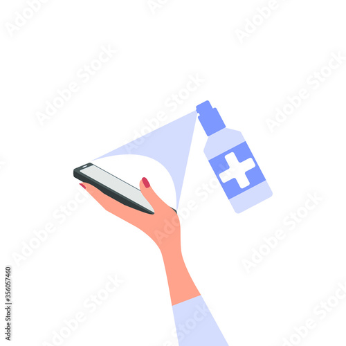 Processing the phone with an antiseptic, sanitary agent. Female hand holds a smartphone. An antibacterial medical spray cleans the gadget. Vector illustration, flat cartoon design, icon, eps 10.