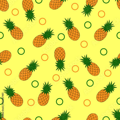 Seamless pattern with pineapples on a yellow background. Vector illustration.