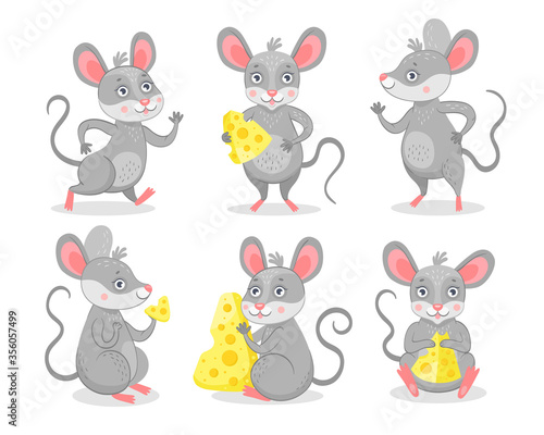 Funny mice characters flat icon set. Cute happy mouse eating cheese isolated vector illustration collection. Cartoon mice concept