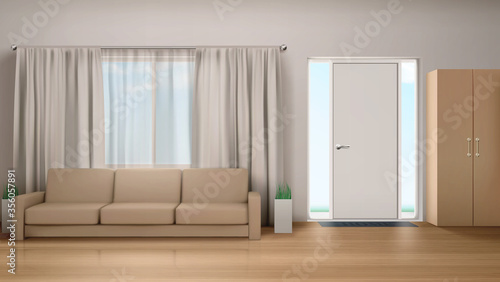 Living room interior with couch, wardrobe, curtained window and door with glass panels. Empty modern home design vizualization inside view. Realistic 3d vector house with white walls and wooden floor