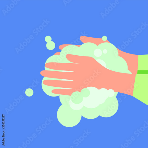 Hands are covered with soap foam. Vector illustration, flat cartoon, eps 10. Concept: personal hygiene, wash hands, soap solution, foam, antibacterial agent, infection prevention, cleanliness.