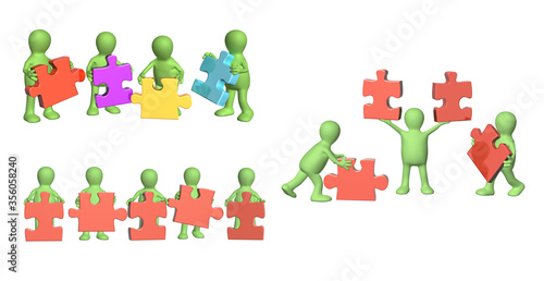 Set of 3d mans with part of puzzles