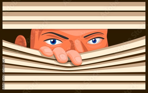 People Peering Through Curtain Window, Neighbor Spy and Watching Symbol in Cartoon illustration Vector