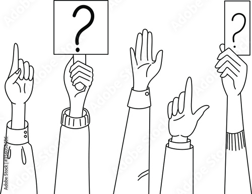 Vector hands are raised up. Concept: ask questions, ask, be interested, be curious. The hands of the townsfolk are stretched up to ask questions of interest, find out details, clarify details. eps 10