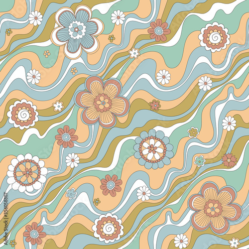 Seamless floral pattern in 60s style in pastel colors