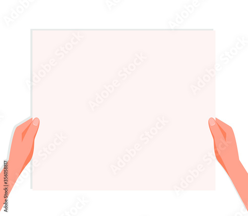 Two male hands are holding a blank sheet of paper in front of them. Vector illustration, flat cartoon design, eps 10.