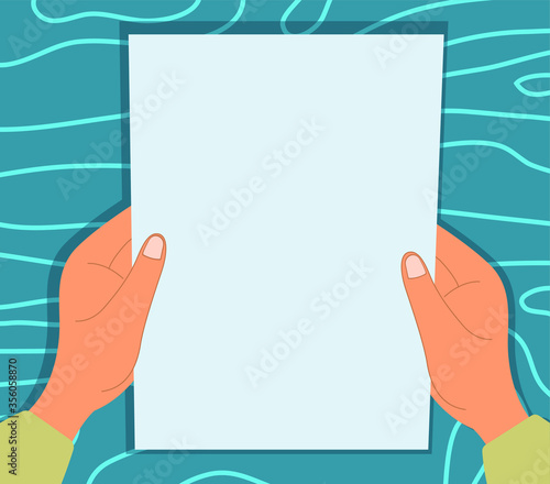 Hands are holding a blank sheet of paper. Vector flat cartoon illustration. Concept: list, letter, read, instruction, pass, letter, consider, read, drawing.
