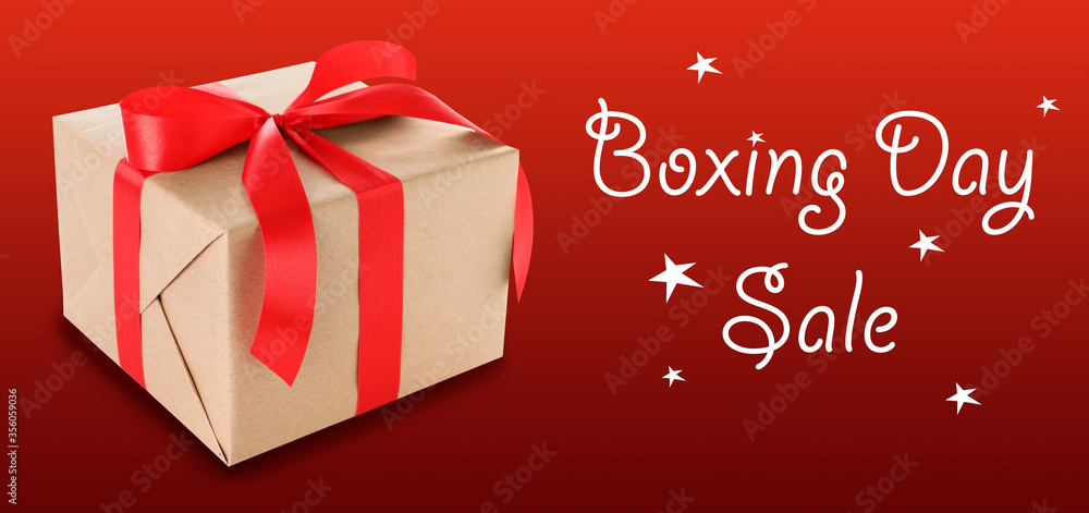 Boxing day sale. Gift on red background, banner design Boxing day sale. Gift on red background, banner design