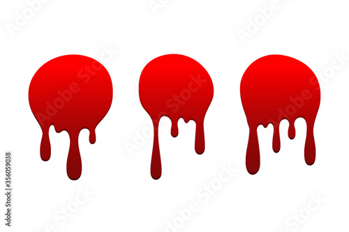 Blood drip set. Drop blood isloated white background. Happy Halloween decoration design. Red splatter stain splash spot, horror blot. Bleeding bloodstain scare texture Liquid paint. Vector illustraton