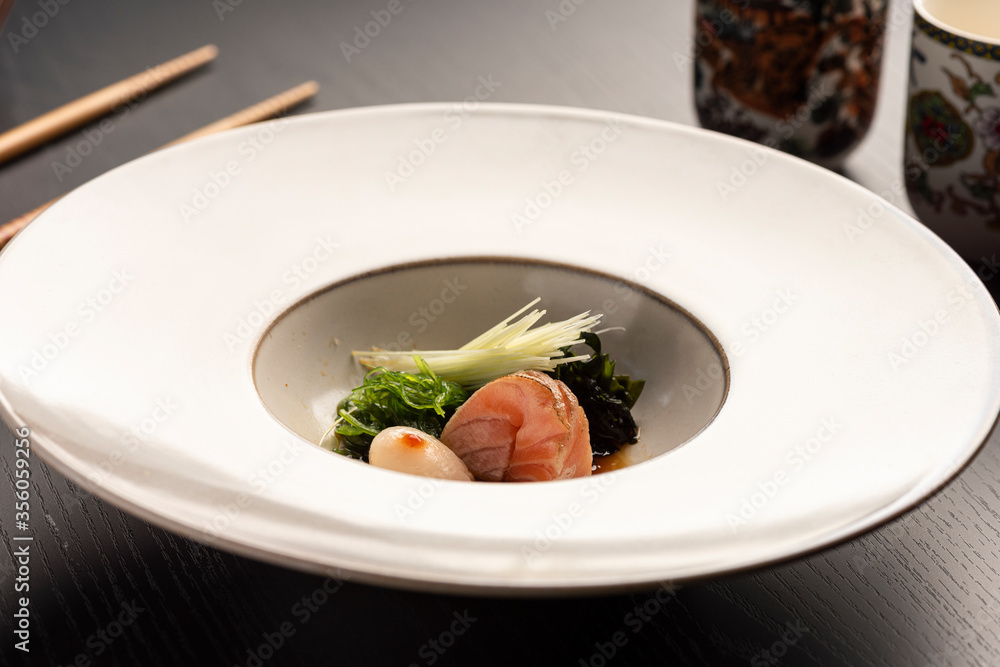 sashimi japanese dish with vegetables on white ceramic sashimi japanese dish with vegetables on white ceramic