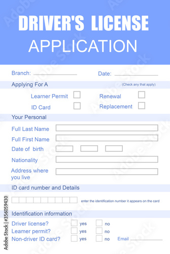 Driver's license application form made in blue colors