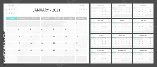 Calendar 2021 week start Sunday corporate design planner template.