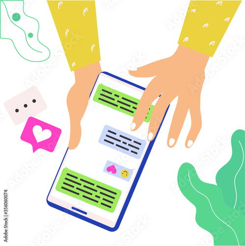 Hands are holding a smartphone. Phone chatting, comments and icons. Vector illustration, flat cartoon, eps 10. Concept: correspondence with colleagues, family and friends, opinion on article blog.