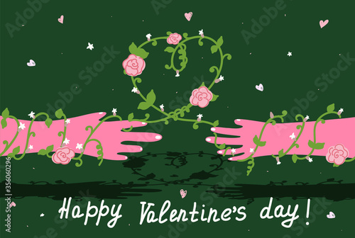 Hands of people in love stretch towards each other. A climbing plant wraps around two hands and weaves in the shape of a heart. Concept: love, deprivation, gender neutrality, Valentine's day, feelings