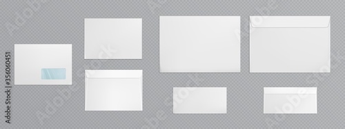 White envelope template. Vector realistic mockup of blank closed envelopes with transparent window, letter covers front and back view. Mock up of paper folder for business documents and messages