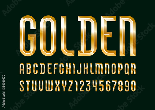 Golden alphabet from chiseled block, font with effect of gold metallic, beveled letters and numbers, vector illustration 10EPS