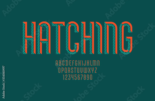 Hatched font, trendy striped flat color alphabet sans serif, modern condensed Latin letters from A to Z and Arab numbers from 0 to 9, vector illustration 10EPS