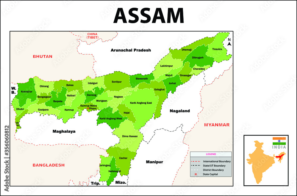 Assam map. Political and administrative map of Assam with districts name. Showing International and State boundary and district boundary of Assam. Vector illustration of districts map.