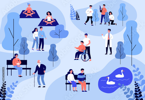 Patients walking and training in hospital park. Rehabilitation, nurse, health flat vector illustration. Healthcare and activity concept for banner, website design or landing web page