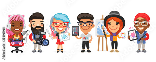 A group of creative professions men and women characters in different poses stand on a white background. Streamer, photographer, designer, coder, artist, and illustrator. Flat style.