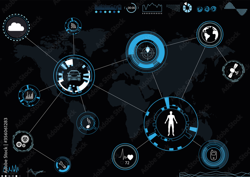 Futuristic technology - car driving control. Scheme with icons and world map on black background Futuristic technology - car driving control. Scheme with icons and world map on black background