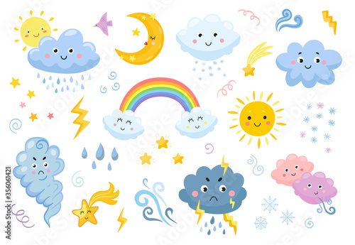 Weather emoticon flat icon set. Cartoon rainbow, rain and snow clouds, sun, moon, star, lightening, wind isolated vector illustration collection. Meteorology and sky concept