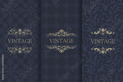 Set of Vintage seamless damask pattern. Template greeting card, invitation and advertising banner, brochure. Collection of design elements, labels, icon, frames for packaging, design of luxury product