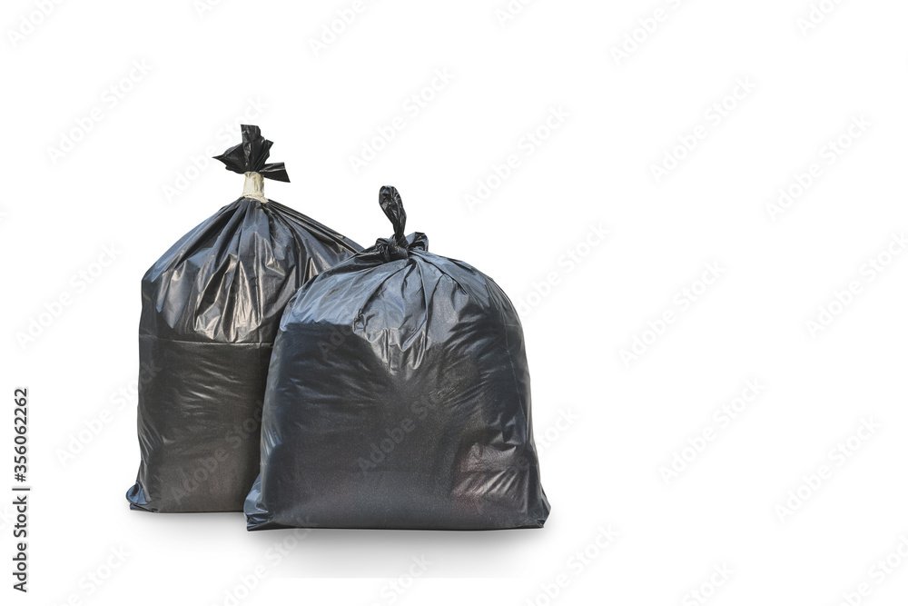 Trash Black Rubbish bag copy space isolated on white background with clipping path and copy free space.