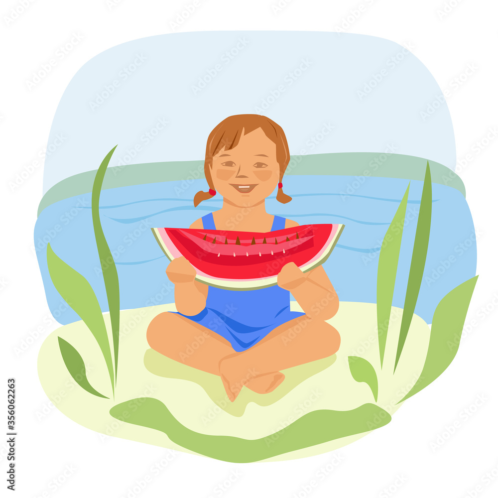 Little girl in blue with a slice of watermelon on the beach. Vector illustration.