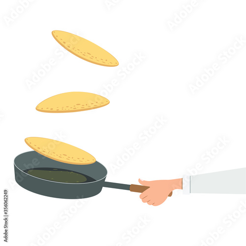 Hand throws pancakes in a pan. Vector illustration, flat cartoon design.