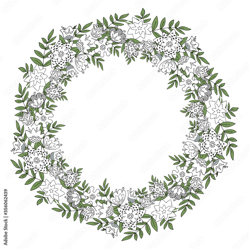 Of flowers wreath frame postcard in isolation on a white background. Doodle flowers monochrome