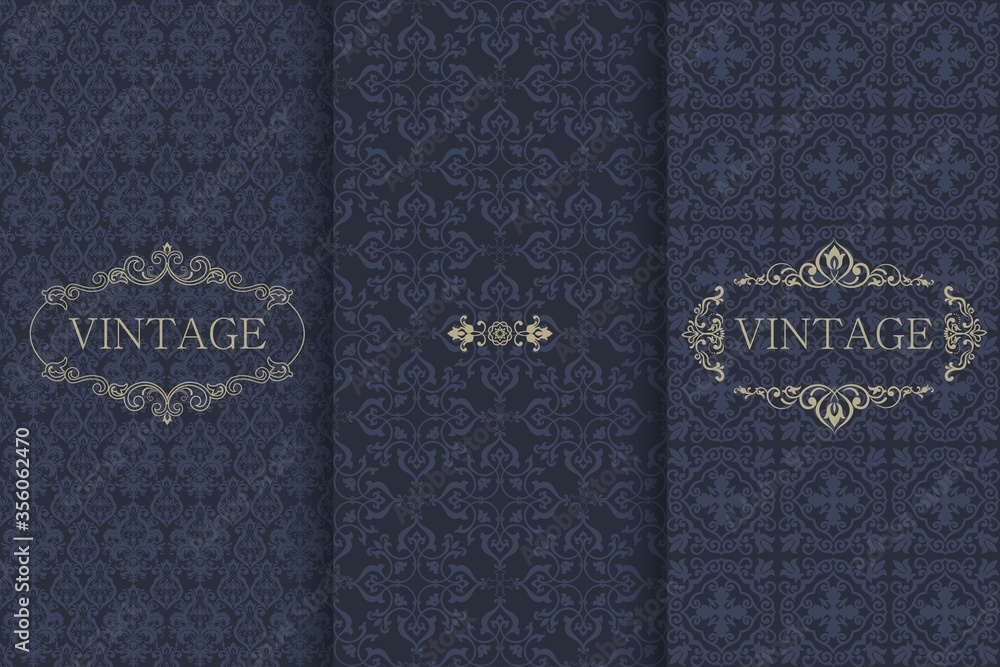 Fototapeta premium Set of Vintage seamless damask pattern. Template greeting card, invitation and advertising banner, brochure. Collection of design elements, labels, icon, frames for packaging, design of luxury product